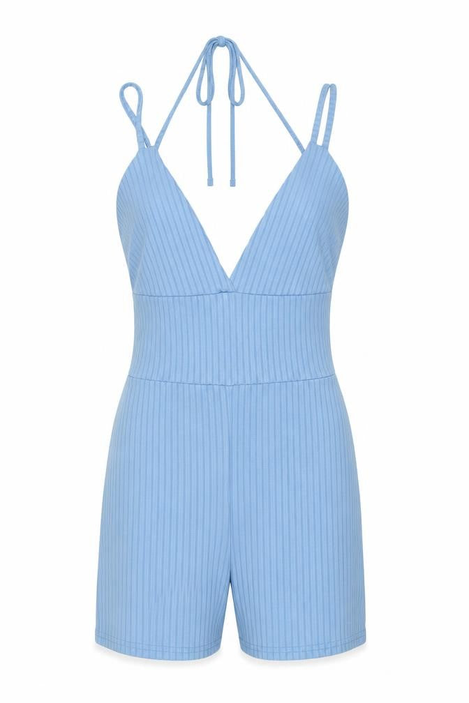 PRETTYLITTLETHING Womens Blue Polyester Playsuit One-Piece Size 6 Tie - Ribbed