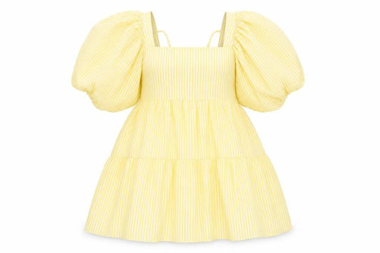 Nasty Gal Womens Yellow Striped Polyester A-Line Size 10 Square Neck Tie - Puff Ball Sleeves, Tiered