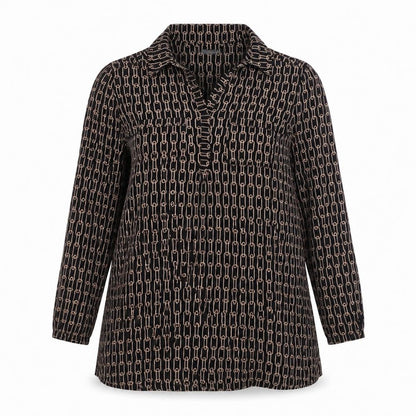 Front view of Principles women’s black polyester tunic blouse, size UK 14, v-neck