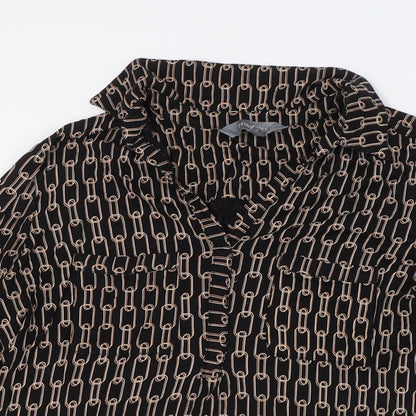 Close-up detail of Principles women’s black polyester tunic blouse, size UK 14, v-neck