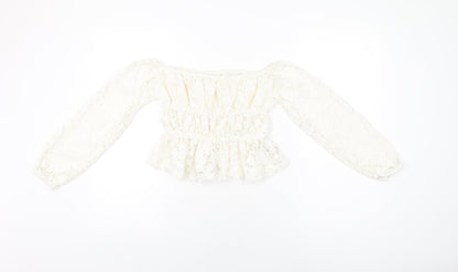 Additional front view of H&M girls’ white floral cotton basic t-shirt, size 10-11, years off the shoulder pullover