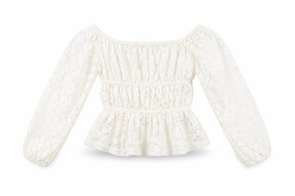 Front view of H&M girls’ white floral cotton basic t-shirt, size 10-11, years off the shoulder pullover