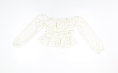 Back view of H&M girls’ white floral cotton basic t-shirt, size 10-11, years off the shoulder pullover