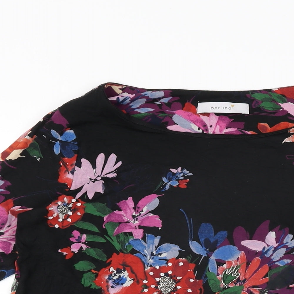 Per Una Womens Black Floral Viscose Basic T-Shirt Size 10 Round Neck