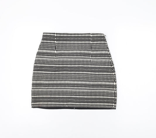 Zara Womens Black Geometric Cotton Mini Skirt Size M Zip