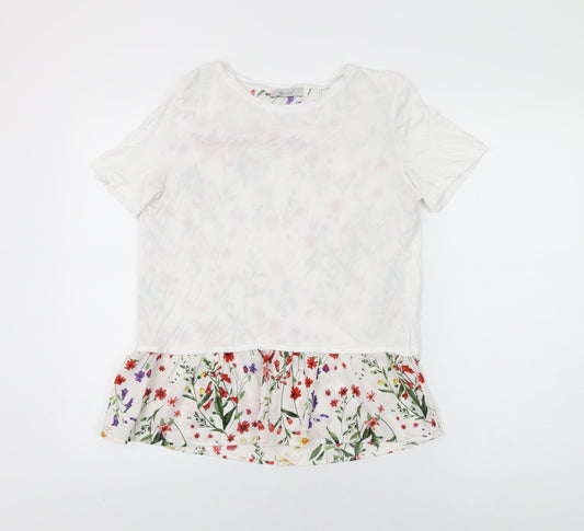 Per Una Womens White Floral Cotton Basic T-Shirt Size 10 Round Neck