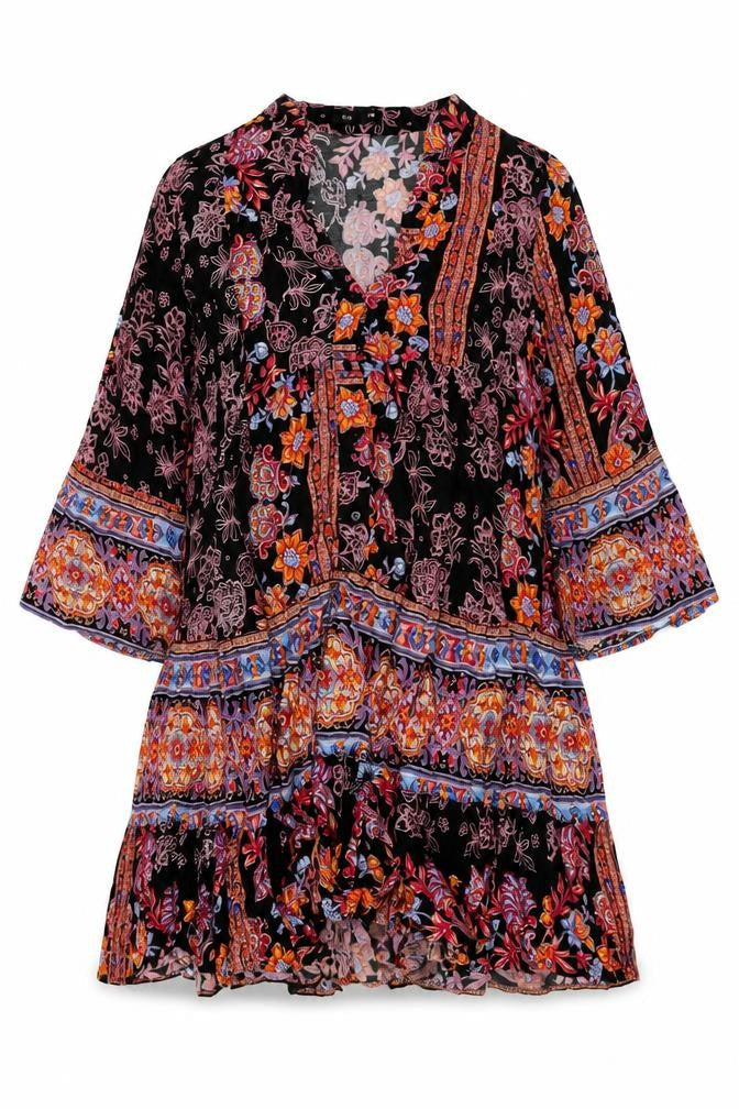 QED London Womens Black Floral Viscose Shift Size M V-Neck Button