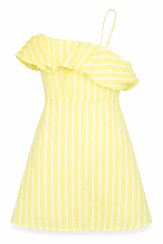 New Look Womens Yellow Striped Cotton A-Line Size 16 One Shoulder Zip