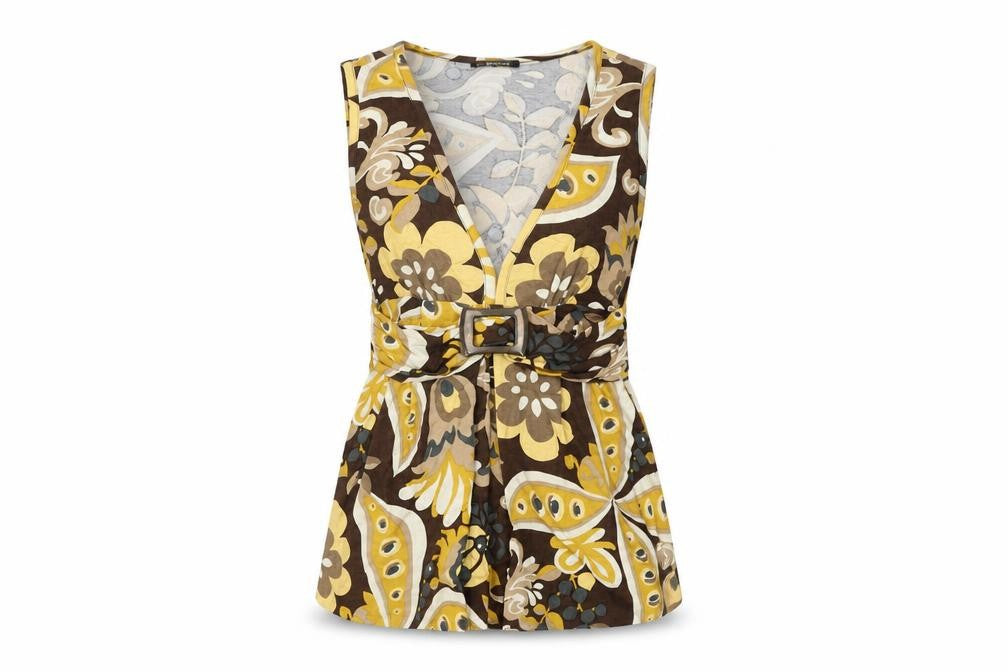 Morgan Womens Brown Floral Viscose Basic T-Shirt Size S V-Neck