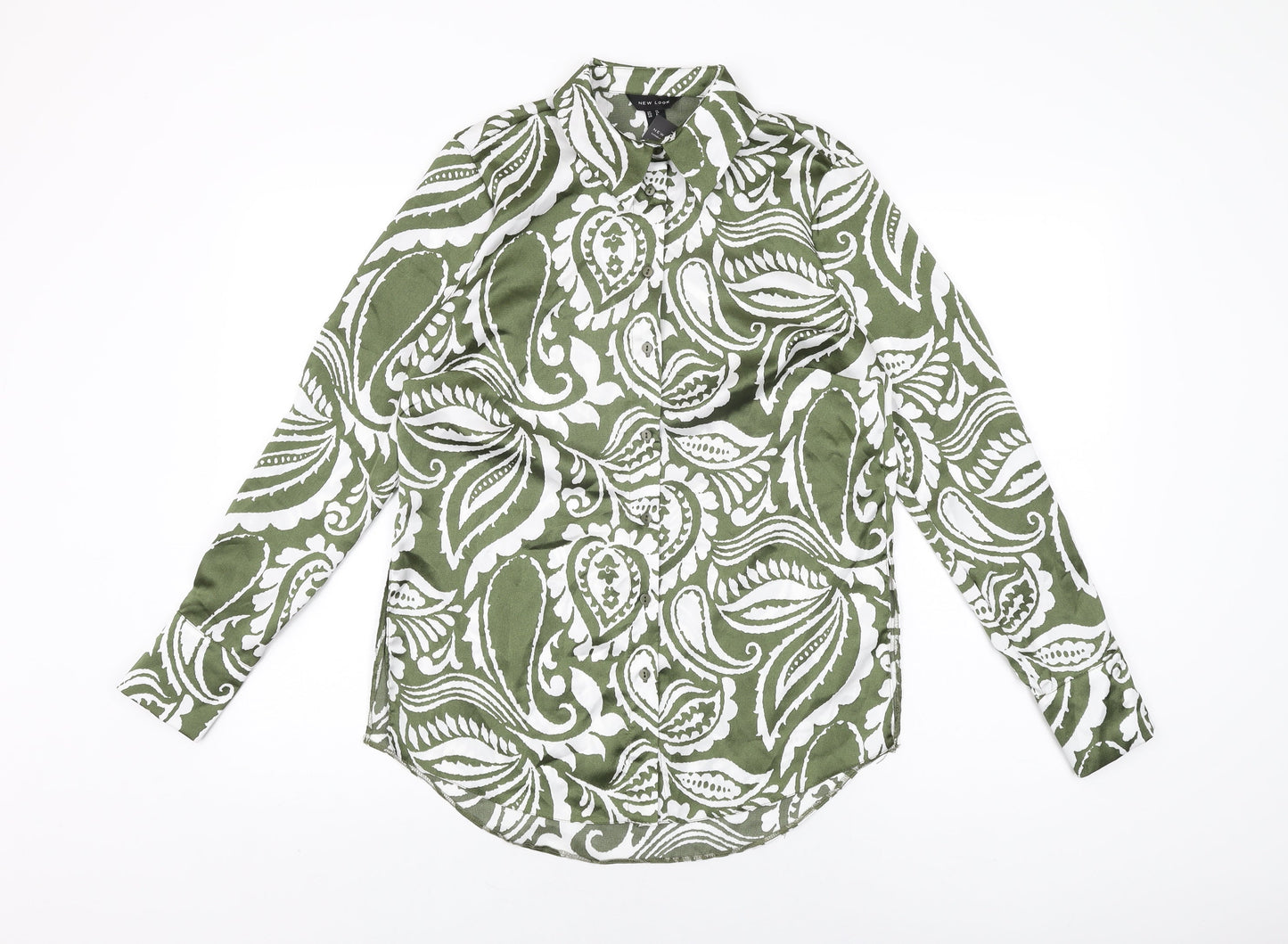 New Look Womens Green Geometric Polyester Basic Button-Up Size 10 Collared