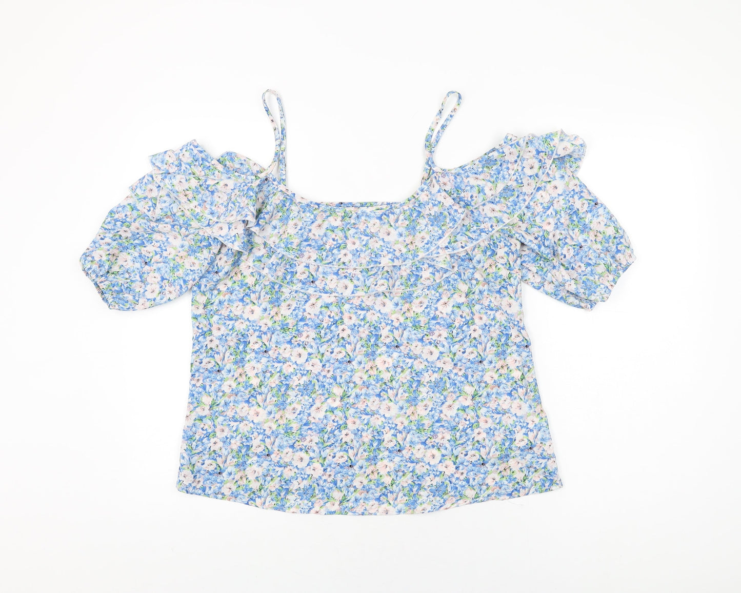 Lipsy Womens Blue Floral Polyester Basic T-Shirt Size 12 Round Neck