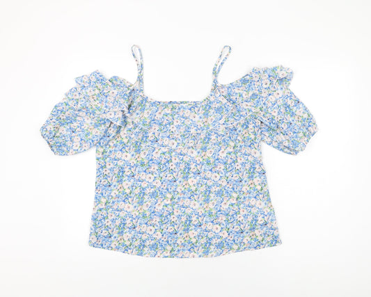 Lipsy Womens Blue Floral Polyester Basic T-Shirt Size 12 Round Neck