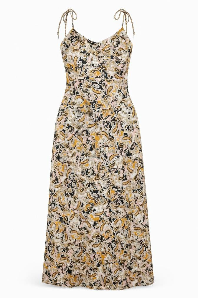 Neon Rose Womens Beige Geometric Polyester Maxi Size M V-Neck Tie