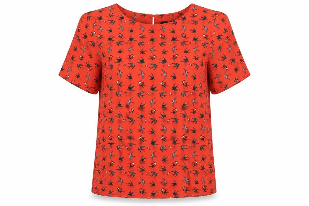 Oasis Womens Red Geometric Polyester Basic T-Shirt Size 12 Round Neck