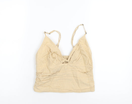 Zara Womens Beige Striped Cotton Camisole T-Shirt Size S V-Neck
