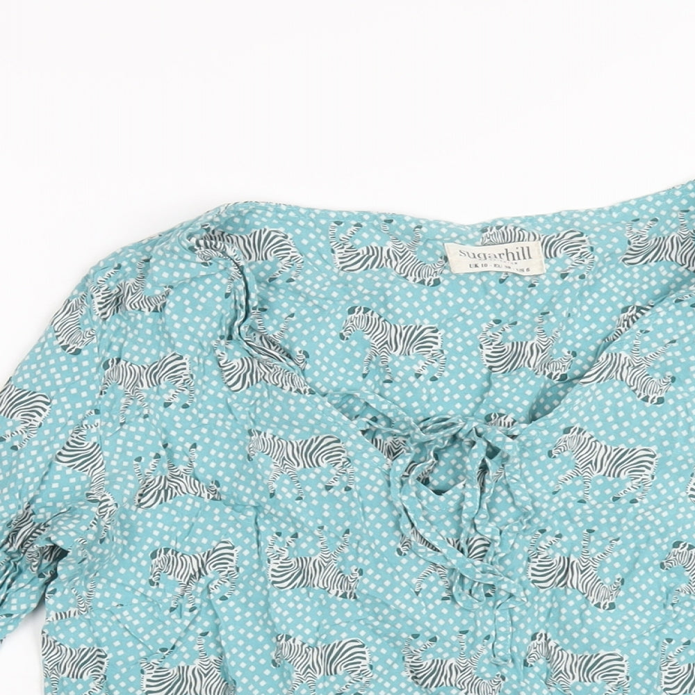 Sugarhill Womens Blue Geometric Viscose Basic T-Shirt Size 10 V-Neck