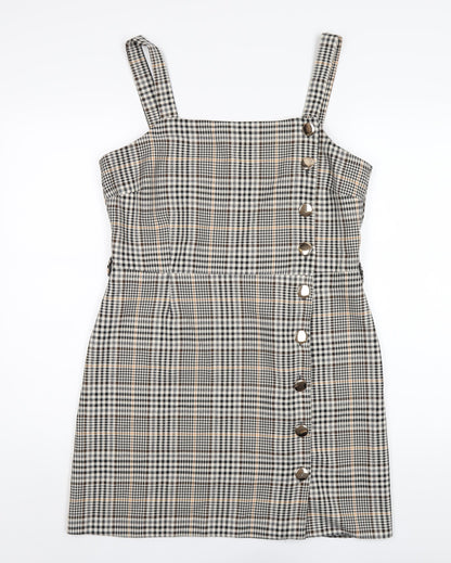 Additional front view of Miss Selfridge women’s multicoloured plaid polyester a-line, size UK 14, square neck zip