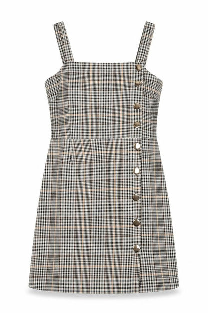 Front view of Miss Selfridge women’s multicoloured plaid polyester a-line, size UK 14, square neck zip