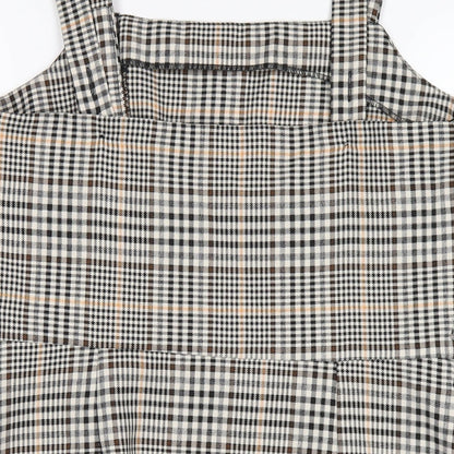 Brand and care label for Miss Selfridge women’s multicoloured plaid polyester a-line, size UK 14, square neck zip