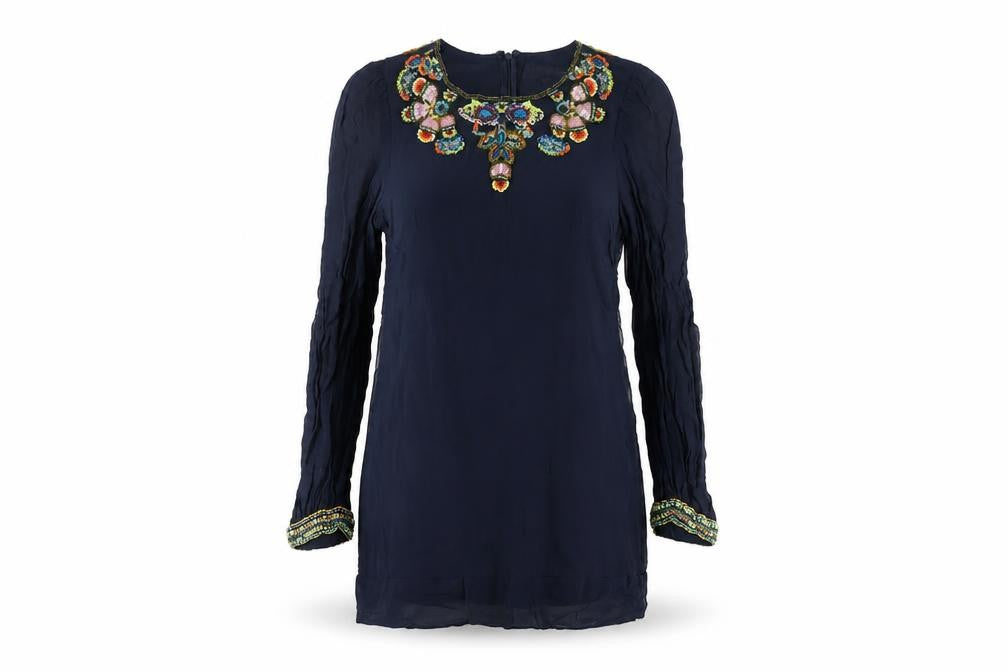 French Connection Womens Blue Silk A-Line Size S Round Neck Zip