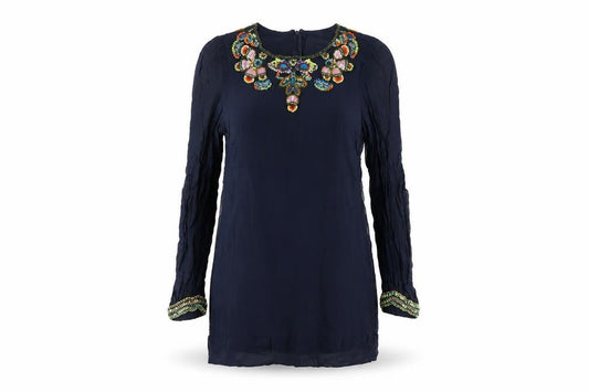 Front view of French Connection women’s blue silk a-line, size S, round neck zip