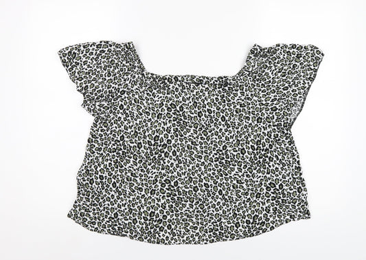 New Look Womens Green Animal Print Viscose Basic T-Shirt Size 12 Square Neck