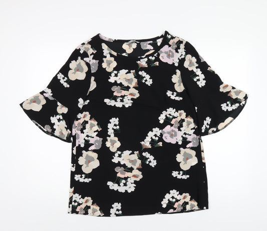 Tru Collection Womens Black Floral Polyester Basic T-Shirt Size 12 Round Neck