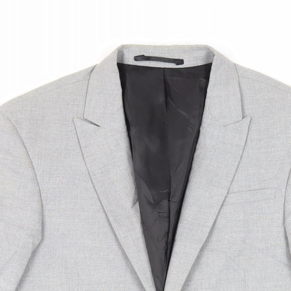Close-up detail of ASOS men’s grey polyester jacket suit jacket, size 34, regular