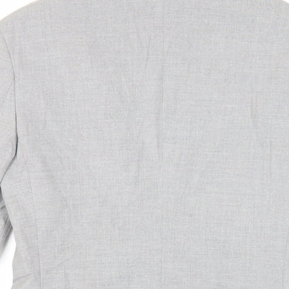 Brand and care label for ASOS men’s grey polyester jacket suit jacket, size 34, regular