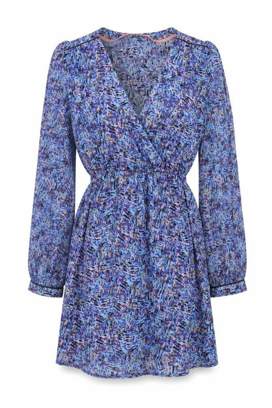 Front view of Miss Selfridge women’s blue geometric polyester fit & flare, size UK 10, round neck pullover