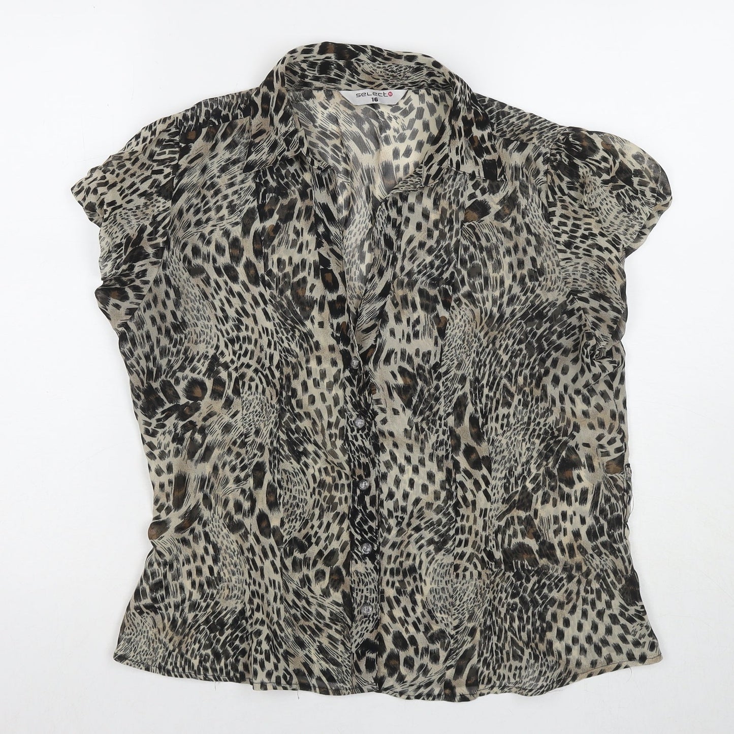 Select Womens Beige Animal Print Polyester Basic Button-Up Size 16 V-Neck