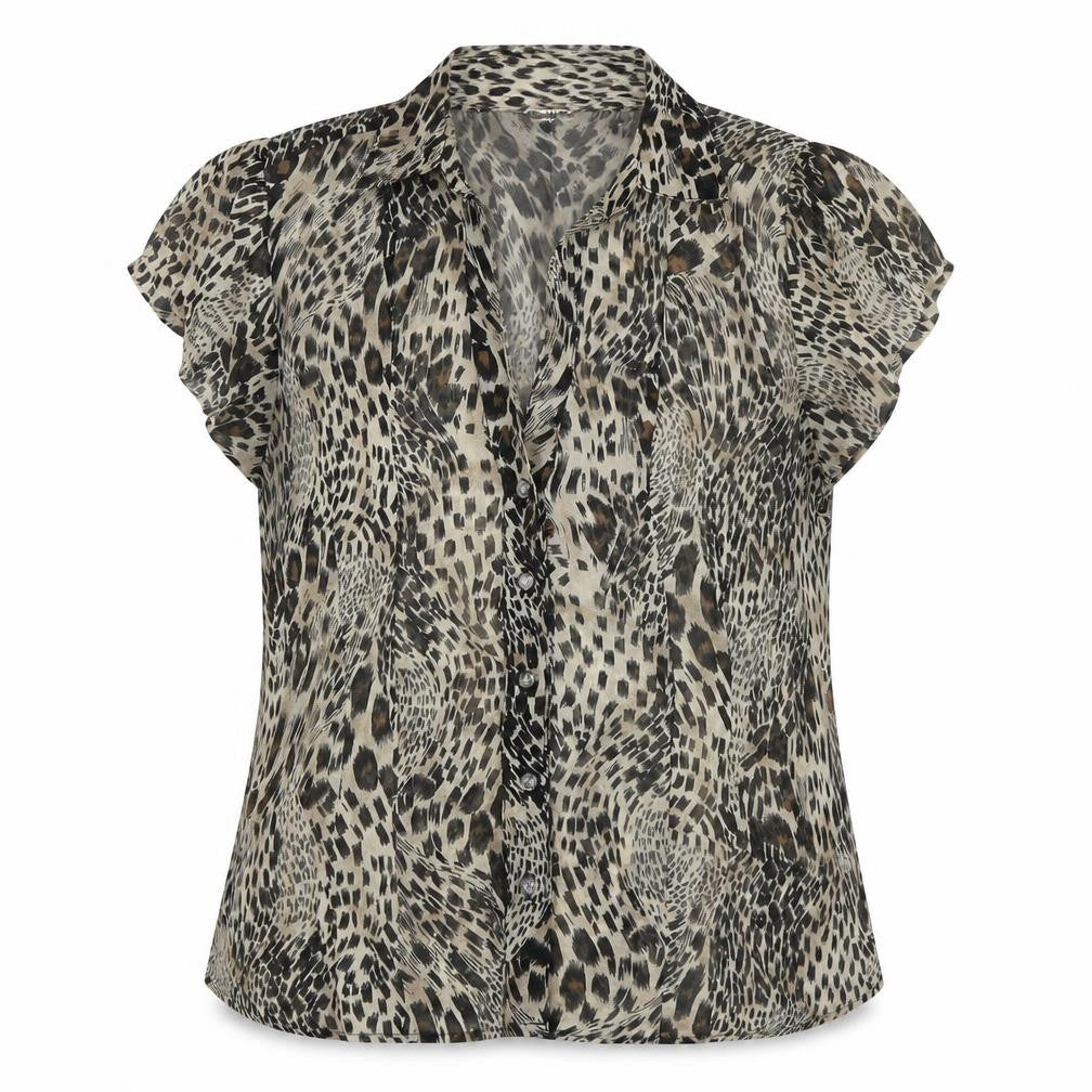 Select Womens Beige Animal Print Polyester Basic Button-Up Size 16 V-Neck