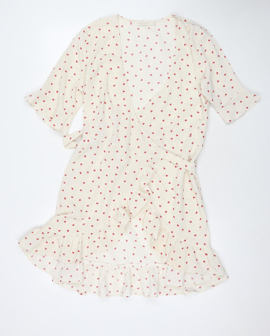 Vera & Lucy Womens White Geometric Polyester Wrap Dress Size M V-Neck Pullover - Hearts
