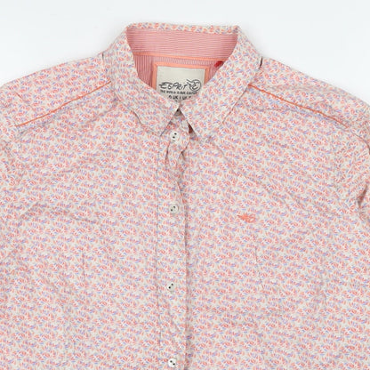 Close-up detail of ESPRIT women’s multicoloured floral cotton basic button-up, size UK 10, collared