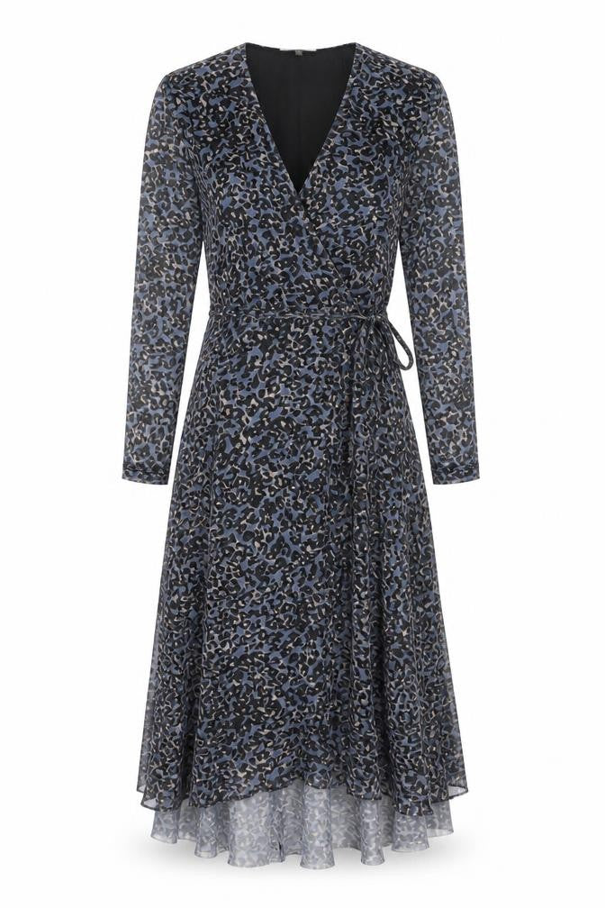 Savannah Miller Womens Blue Animal Print Polyester Wrap Dress Size 12 V-Neck Tie