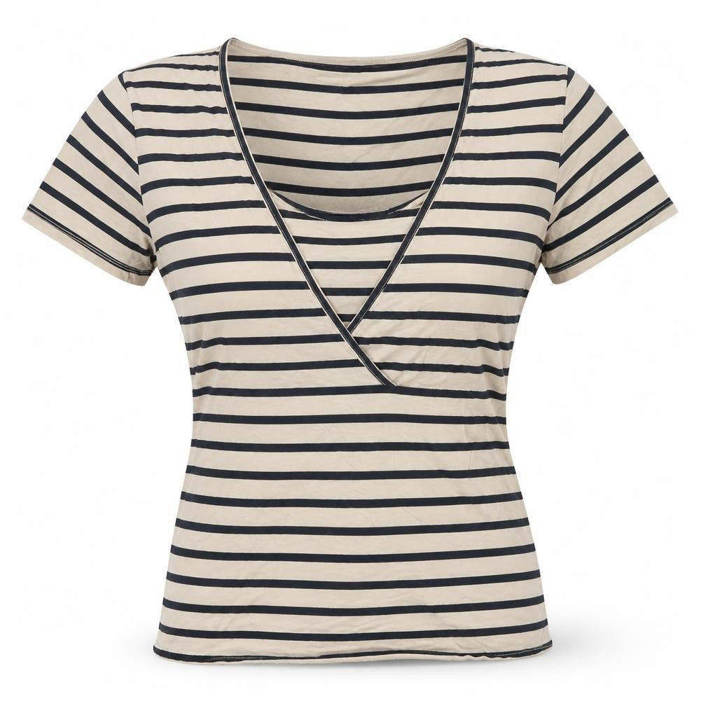 Mama:licious Womens Beige Striped Cotton Basic T-Shirt Size XL V-Neck