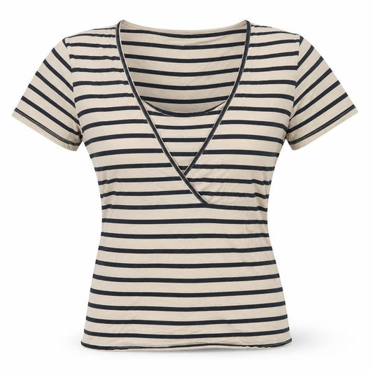 Mama:licious Womens Beige Striped Cotton Basic T-Shirt Size XL V-Neck