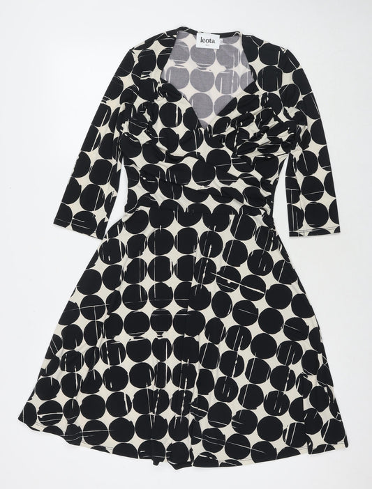 Leota Womens Black Polka Dot Polyester Fit & Flare Size S V-Neck Pullover