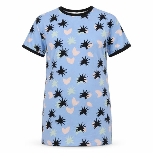 Pippalynn Womens Blue Geometric Polyester T-Shirt Dress Size M Round Neck Pullover