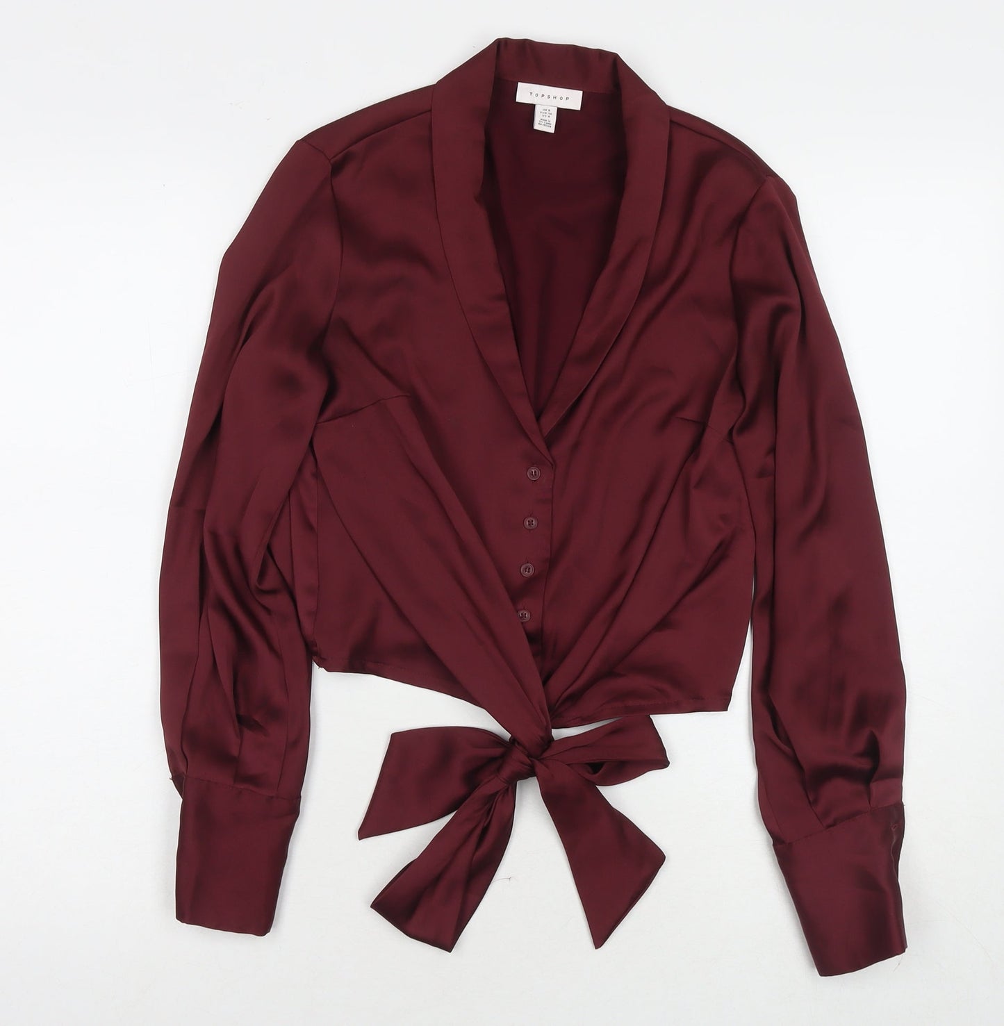 Topshop Womens Red Polyester Basic Button-Up Size 8 Collared