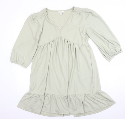 Additional front view of Miss Selfridge women’s green polyester tunic blouse, size UK 12, v-neck