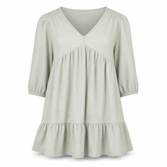 Front view of Miss Selfridge women’s green polyester tunic blouse, size UK 12, v-neck