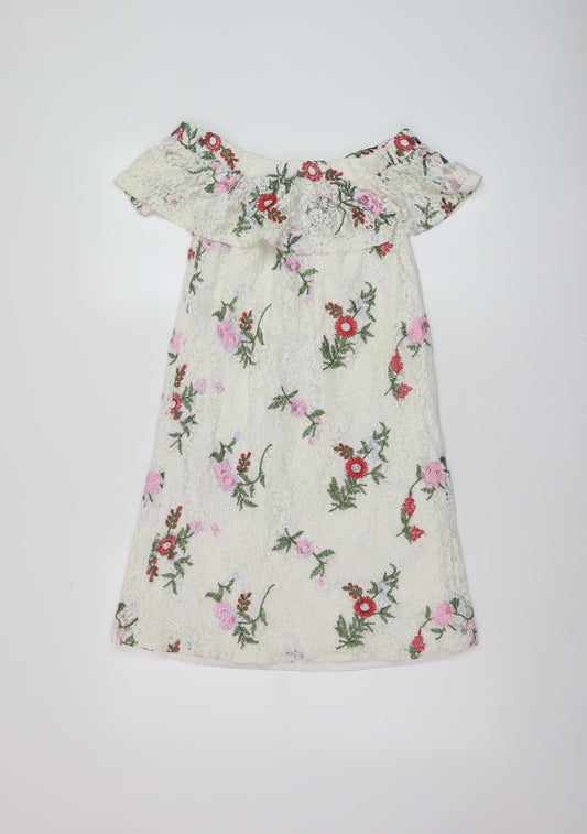 New Look Womens White Floral Cotton A-Line Size 6 Square Neck Pullover
