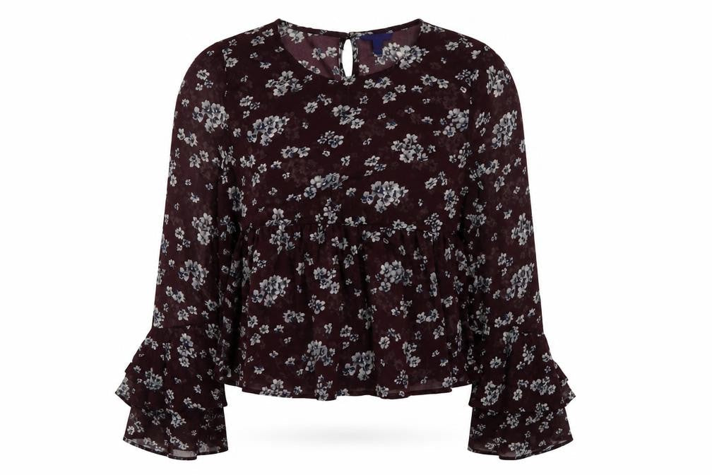 Aeropostale Womens Red Floral Polyester Basic Blouse Size S Round Neck