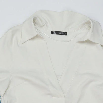 Zara Womens White Floral Polyester A-Line Size S V-Neck Pullover
