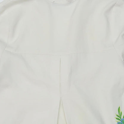 Zara Womens White Floral Polyester A-Line Size S V-Neck Pullover