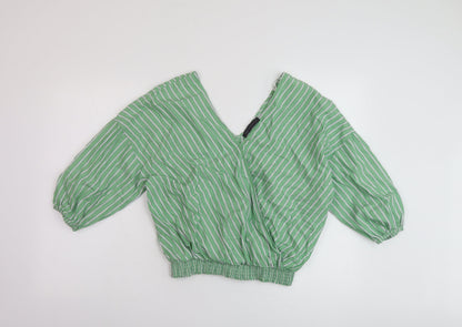 Marks & Spencer Womens Green Striped Cotton Basic Blouse Size 14 V-Neck
