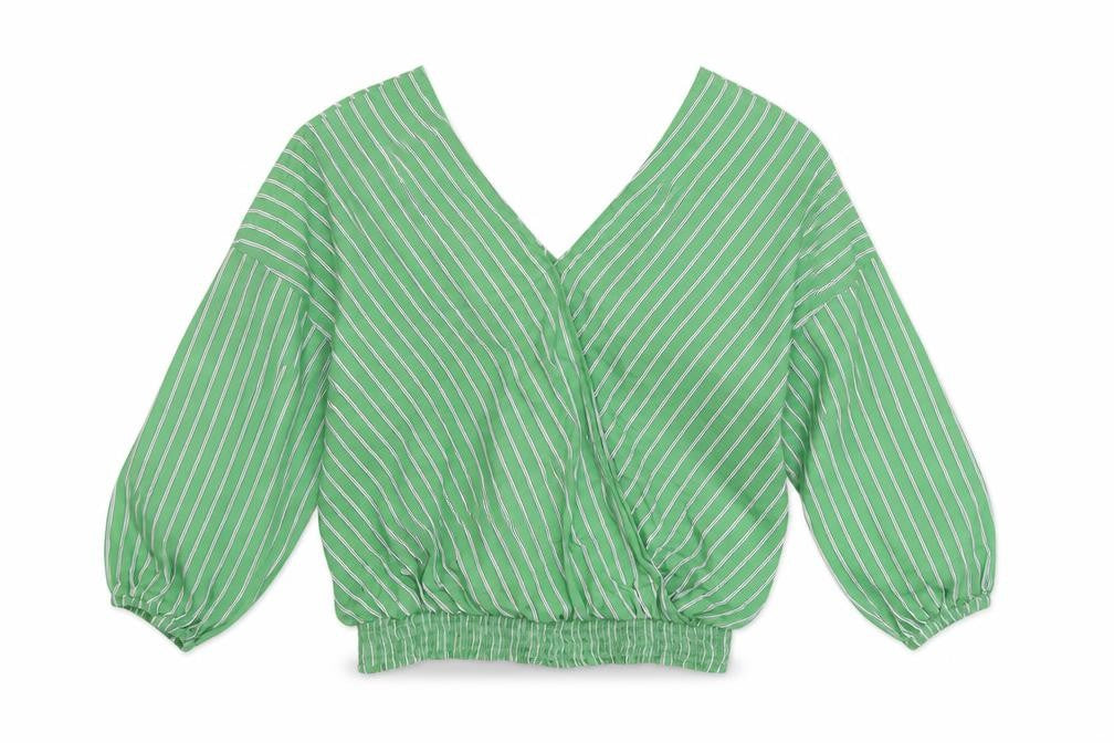 Marks & Spencer Womens Green Striped Cotton Basic Blouse Size 14 V-Neck