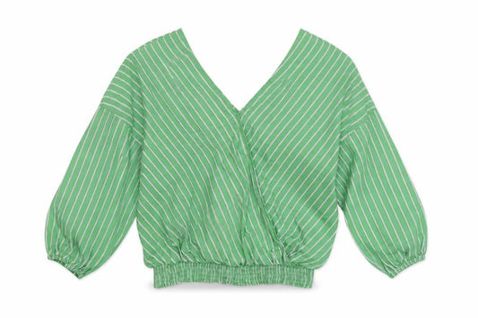 Marks and Spencer Womens Green Striped Cotton Basic Blouse Size 14 V-Neck
