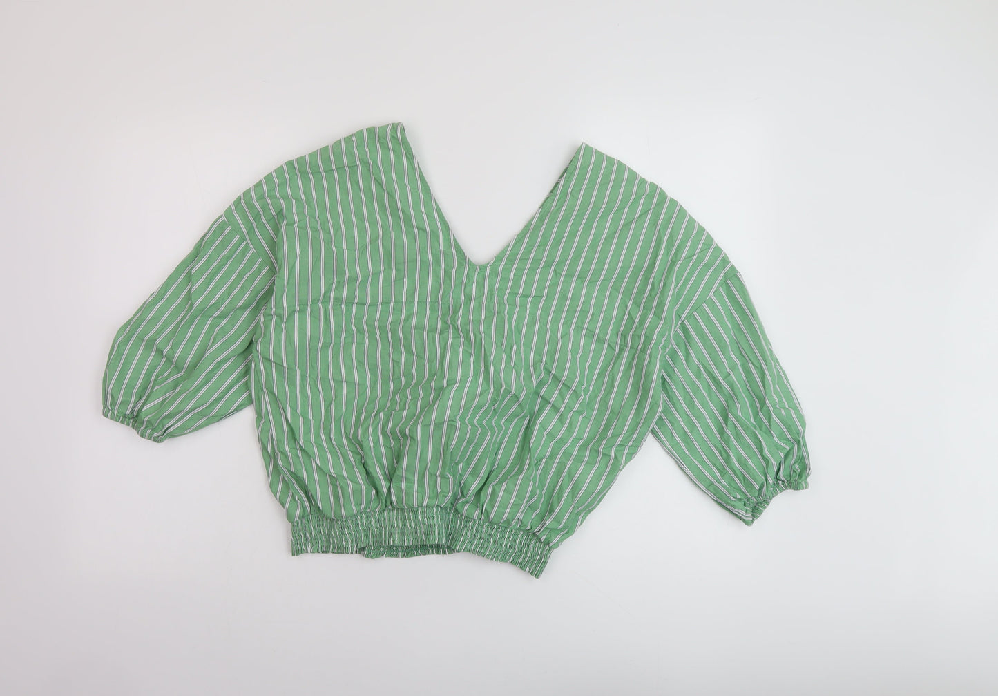 Marks and Spencer Womens Green Striped Cotton Basic Blouse Size 14 V-Neck